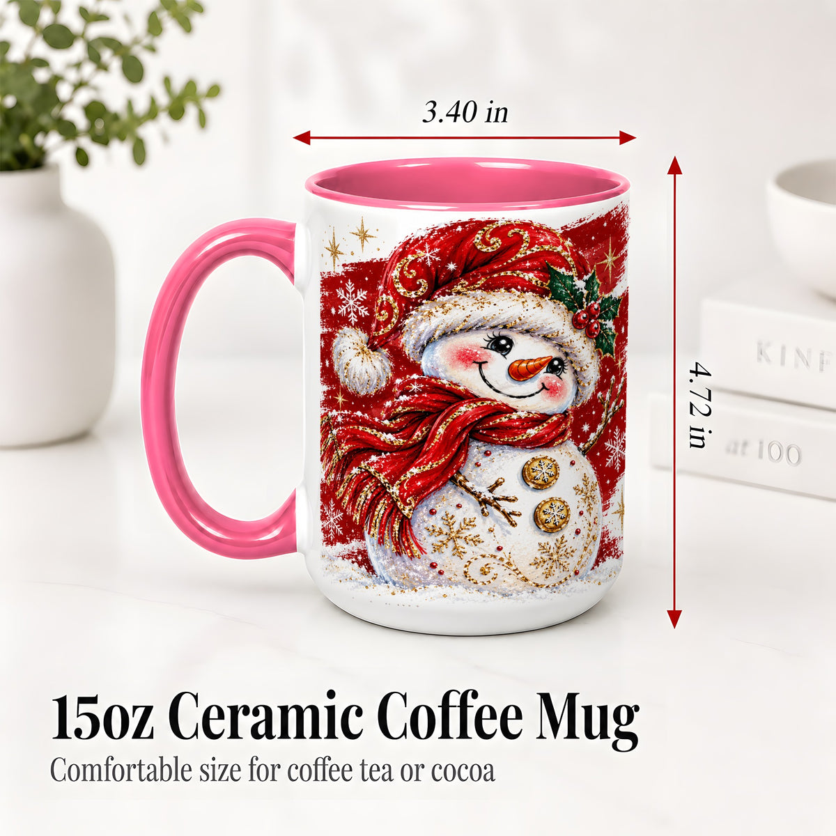 #pl[15oz|Pink] Red Christmas Snowman Ceramic Mug, Mug with Festive Artwork