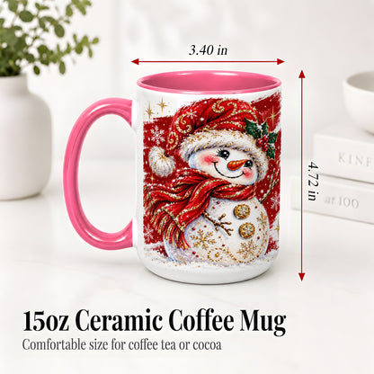 #pl[15oz|Pink] Red Christmas Snowman Ceramic Mug, Mug with Festive Artwork