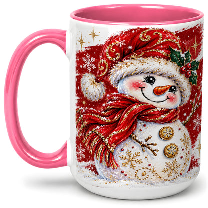 #pl[15oz|Pink] Red Christmas Snowman Ceramic Mug, Mug with Festive Artwork