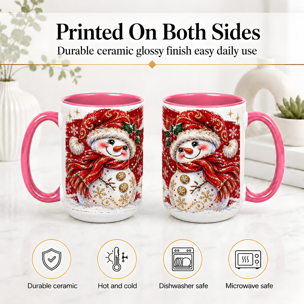 #pl[15oz|Pink] Red Christmas Snowman Ceramic Mug, Mug with Festive Artwork