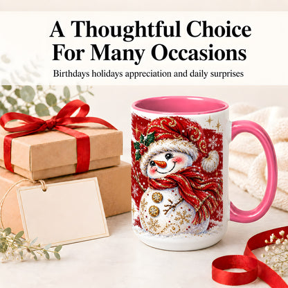 #pl[15oz|Pink] Red Christmas Snowman Ceramic Mug, Mug with Festive Artwork