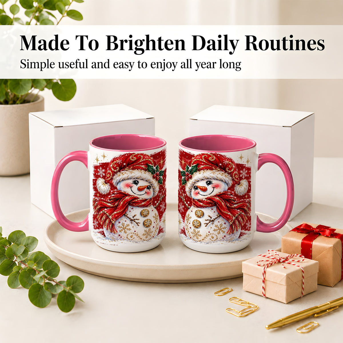 #pl[15oz|Pink] Red Christmas Snowman Ceramic Mug, Mug with Festive Artwork