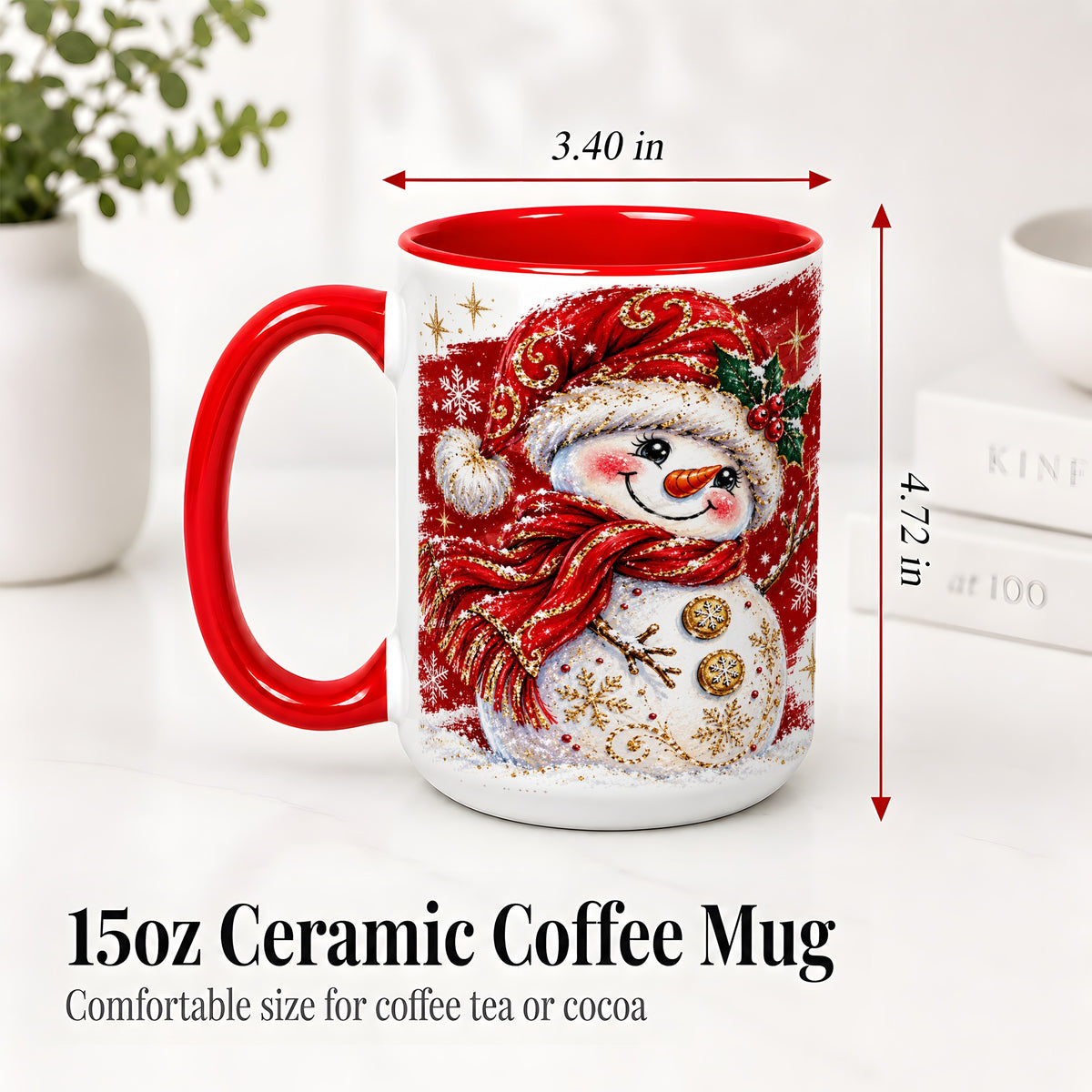 #pl[15oz|Red] Red Christmas Snowman Ceramic Mug, Mug with Festive Artwork