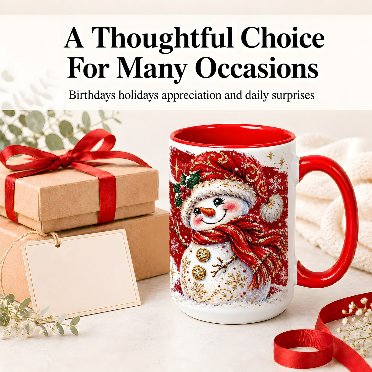 #pl[15oz|Red] Red Christmas Snowman Ceramic Mug, Mug with Festive Artwork