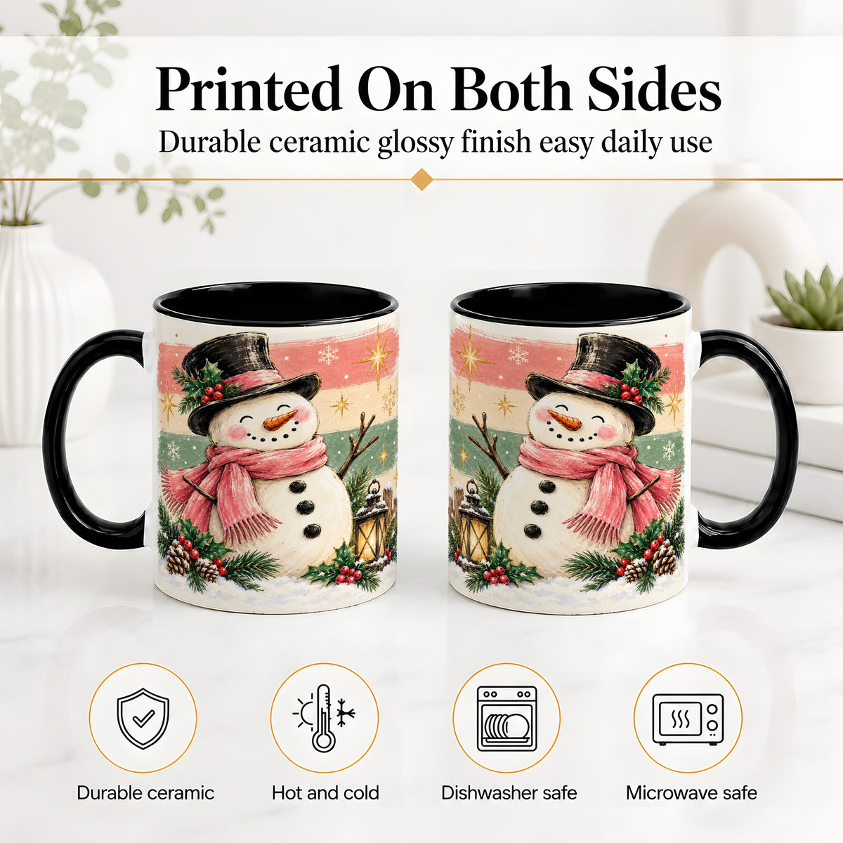 #pl[11oz|Black] Pink Scarf Snowman Ceramic Mug, Mug with Winter Artwork