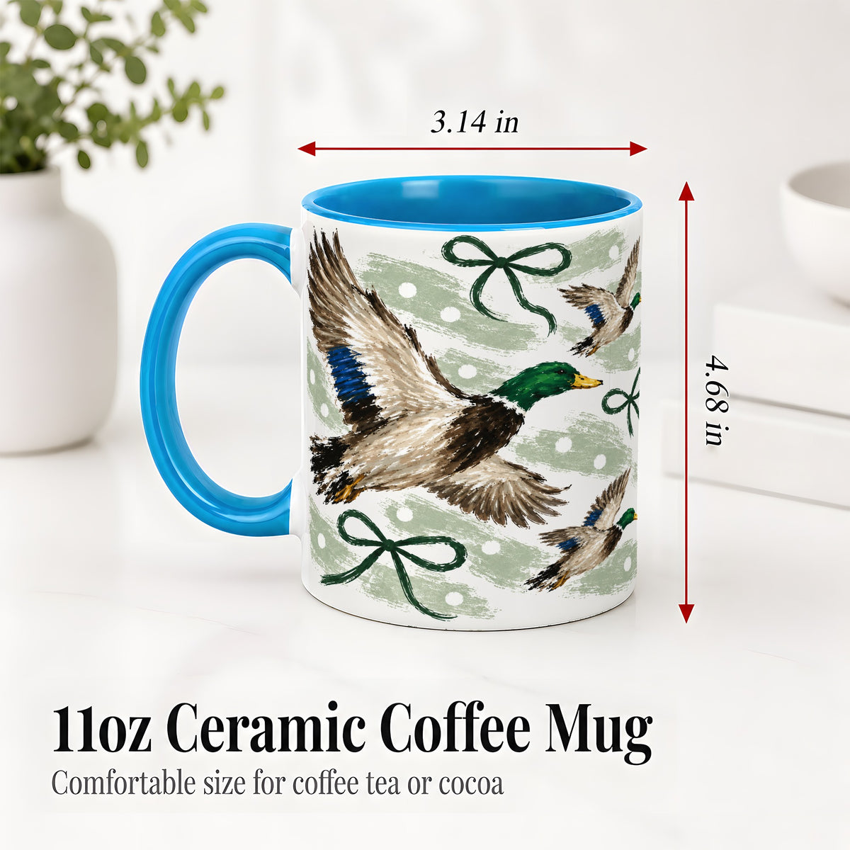 #pl[11oz|Blue] Mallard Duck Ceramic Mug, Flying Waterfowl Green Bow Artwork