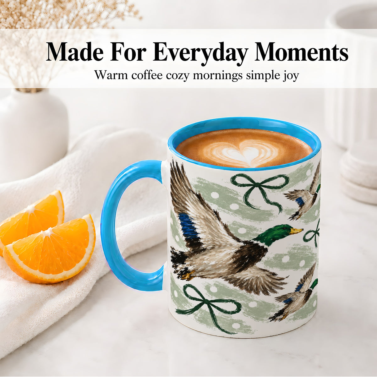 #pl[11oz|Blue] Mallard Duck Ceramic Mug, Flying Waterfowl Green Bow Artwork