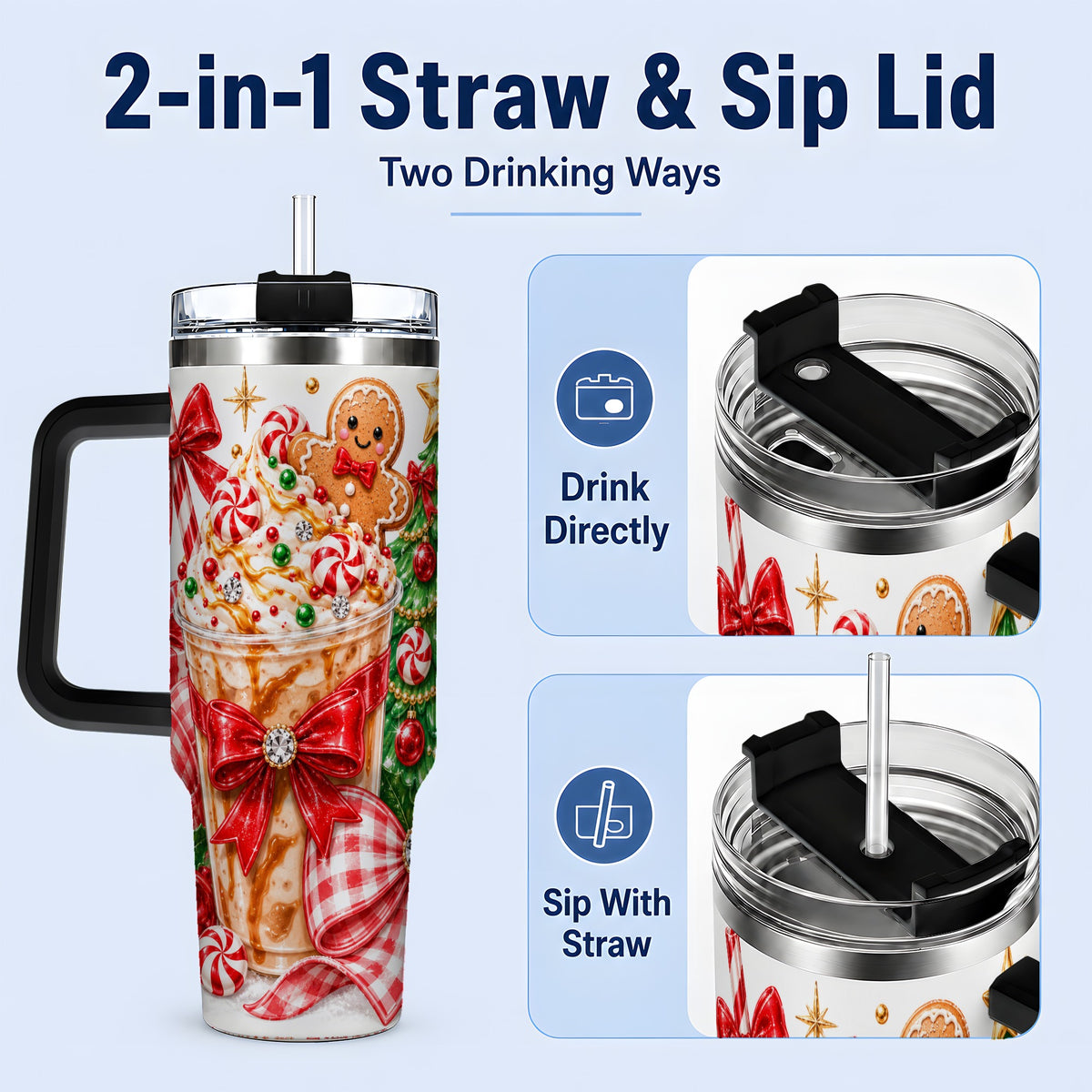 #pl[40oz|Black] Christmas Coffee 40oz Stainless Steel Tumbler, Candy Cane Artwork
