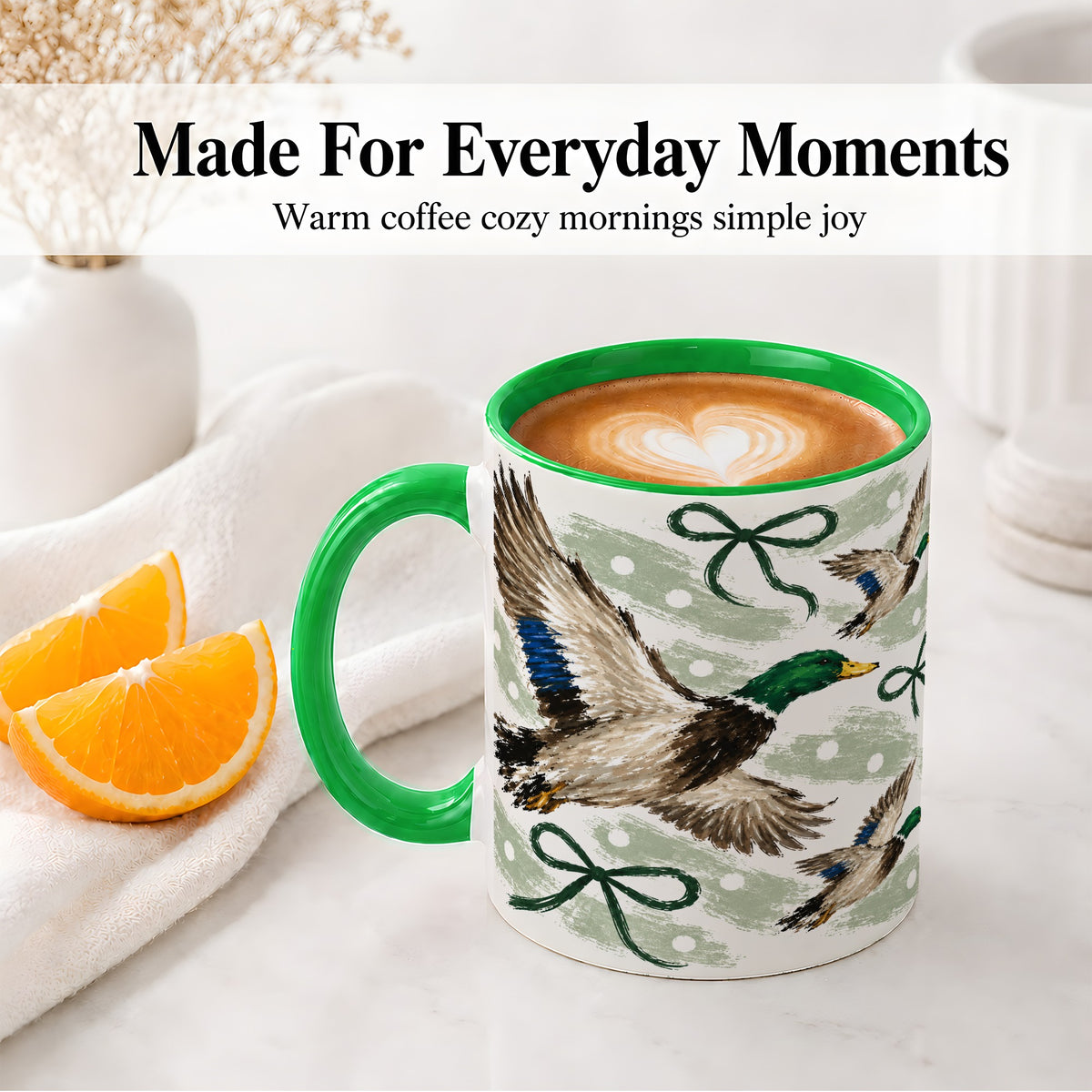 #pl[11oz|Green] Mallard Duck Ceramic Mug, Flying Waterfowl Green Bow Artwork