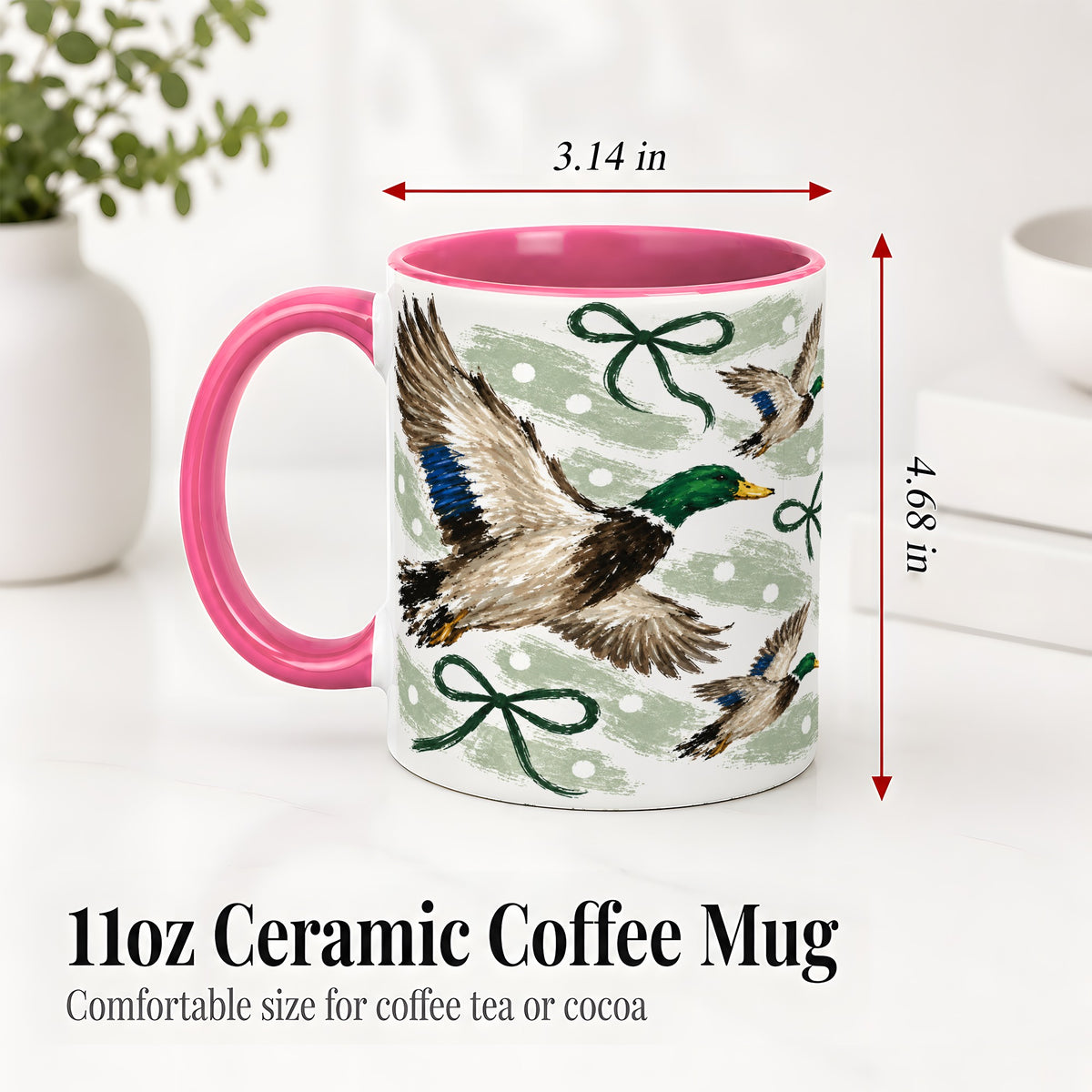 #pl[11oz|Pink] Mallard Duck Ceramic Mug, Flying Waterfowl Green Bow Artwork