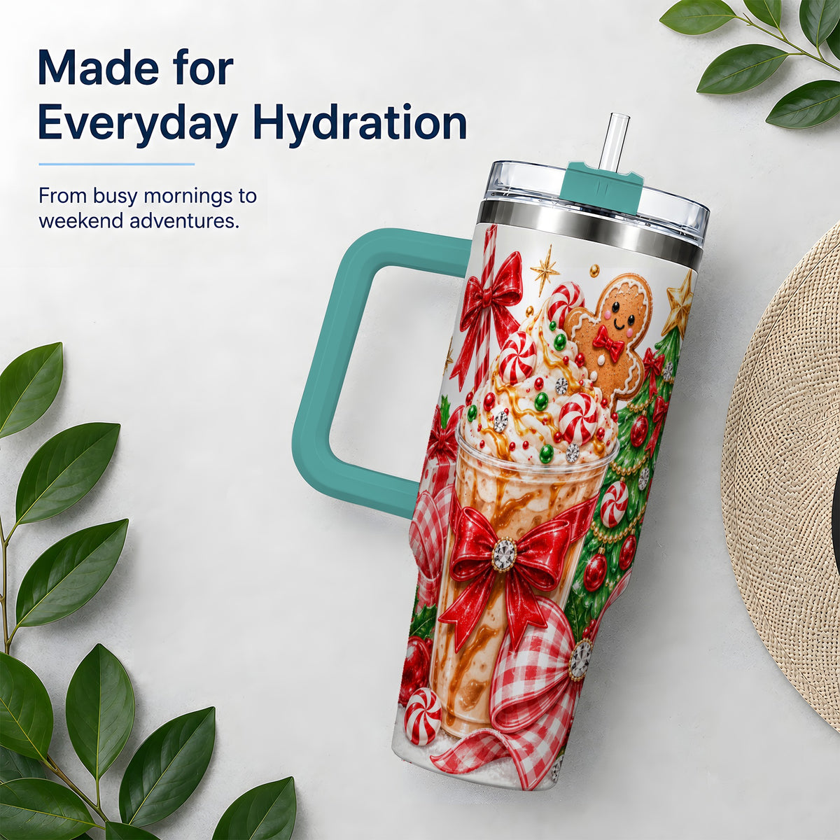 #pl[40oz|Green] Christmas Coffee 40oz Stainless Steel Tumbler, Candy Cane Artwork
