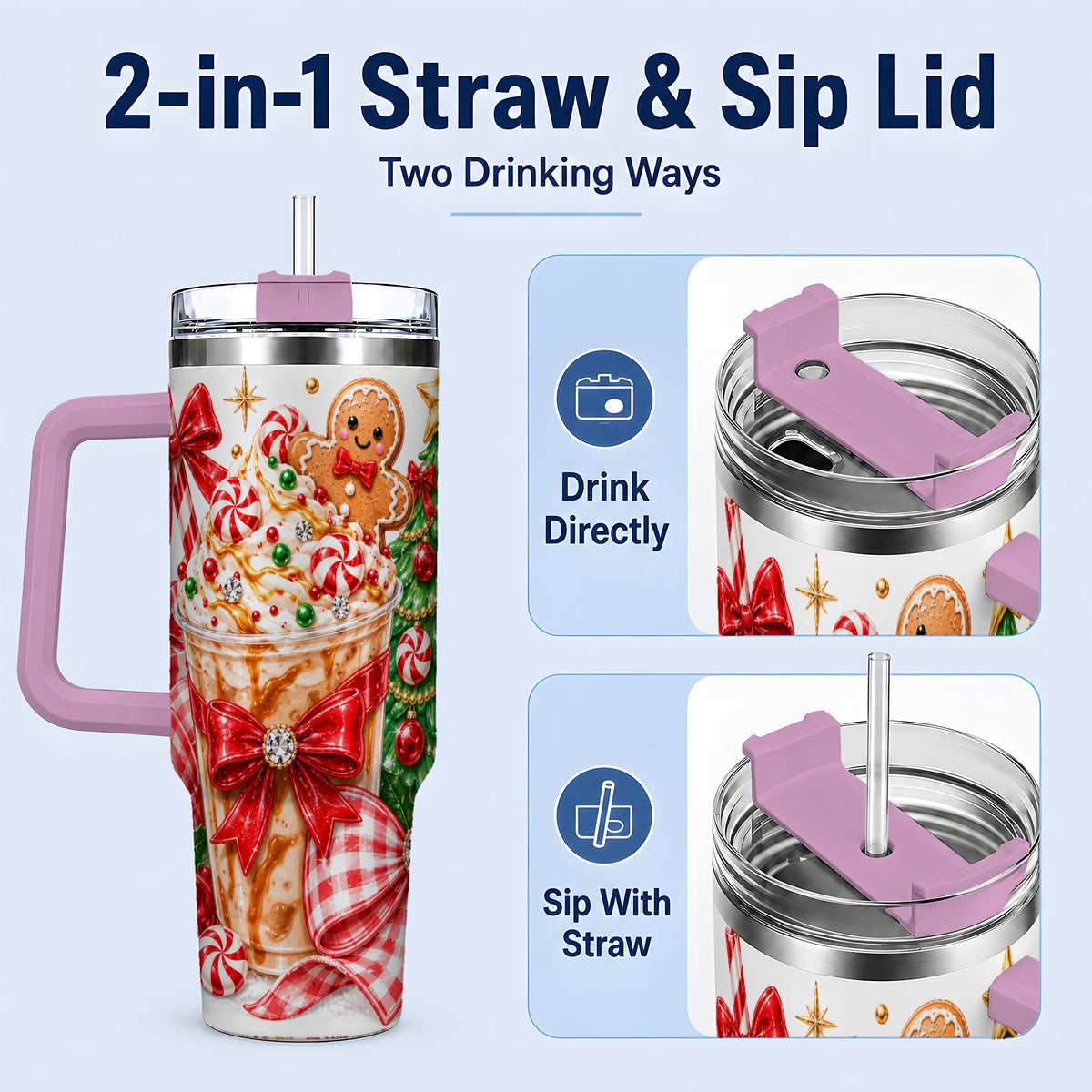 #pl[40oz|Pink] Christmas Coffee 40oz Stainless Steel Tumbler, Candy Cane Artwork