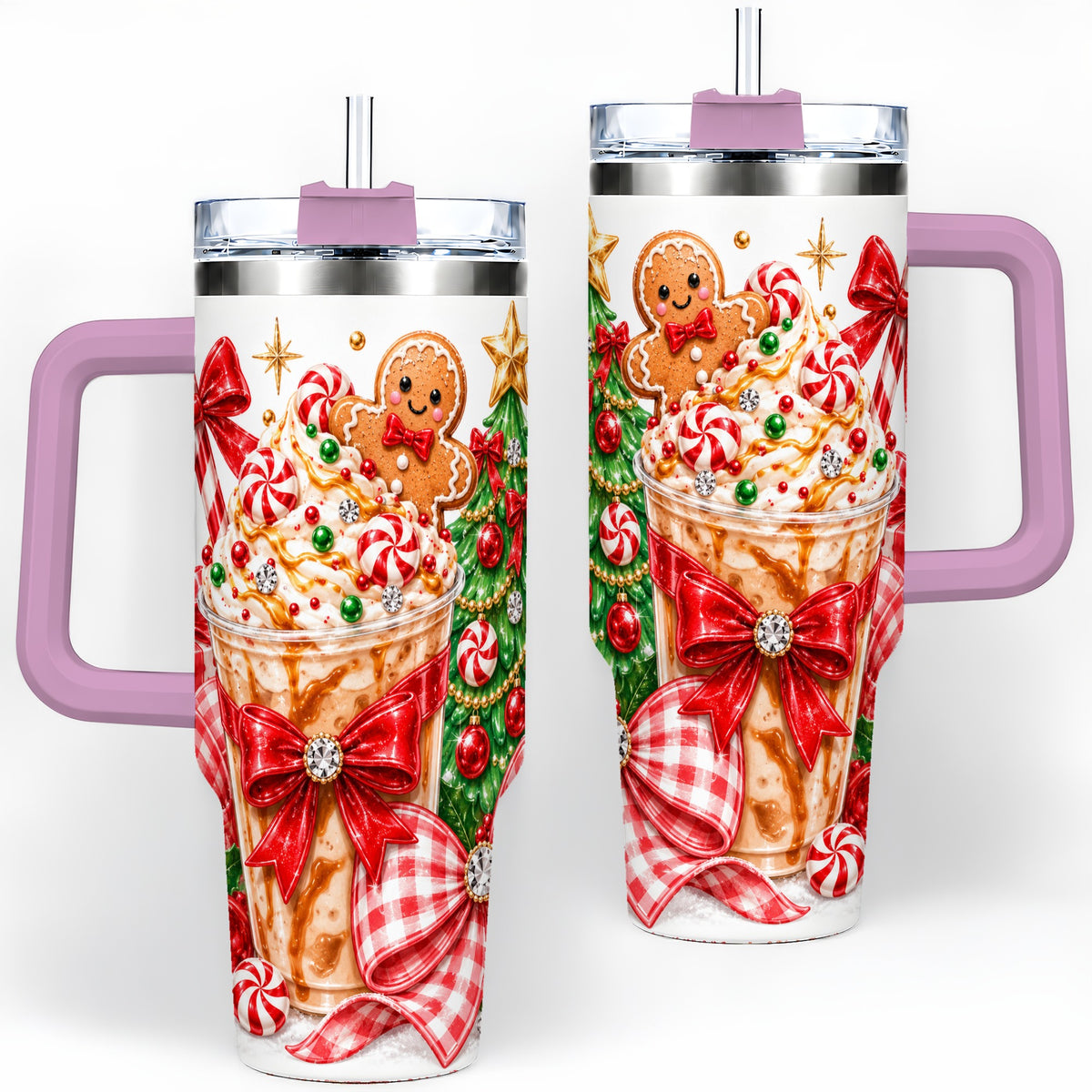 #pl[40oz|Pink] Christmas Coffee 40oz Stainless Steel Tumbler, Candy Cane Artwork