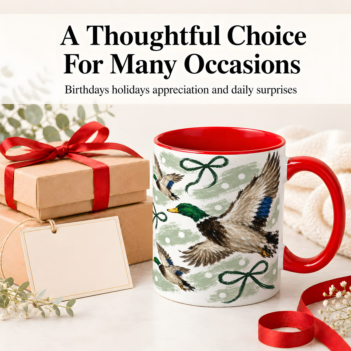 #pl[11oz|Red] Mallard Duck Ceramic Mug, Flying Waterfowl Green Bow Artwork