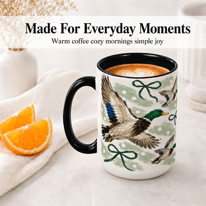 #pl[15oz|Black] Mallard Duck Ceramic Mug, Flying Waterfowl Green Bow Artwork