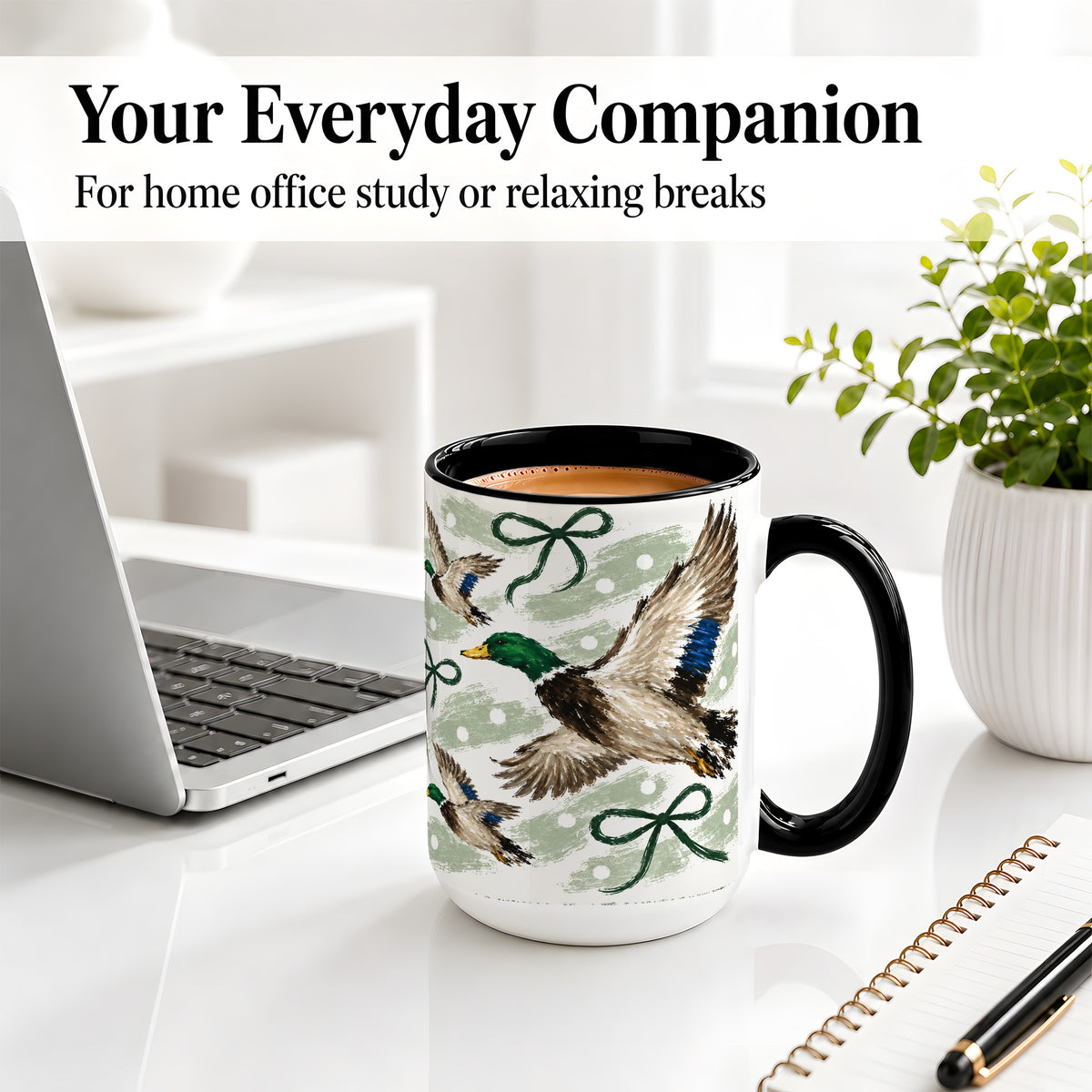 #pl[15oz|Black] Mallard Duck Ceramic Mug, Flying Waterfowl Green Bow Artwork
