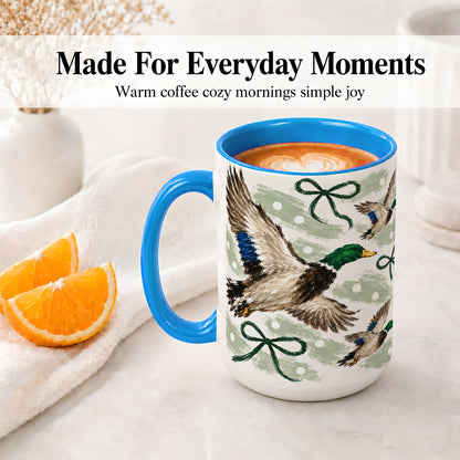 #pl[15oz|Blue] Mallard Duck Ceramic Mug, Flying Waterfowl Green Bow Artwork