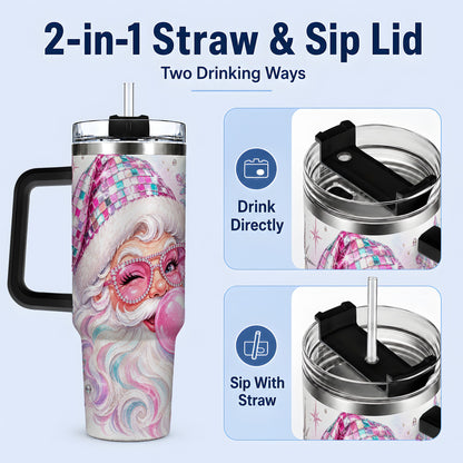 #pl[40oz|Black] Pink Santa 40oz Stainless Steel Tumbler, Bubblegum Holiday Artwork