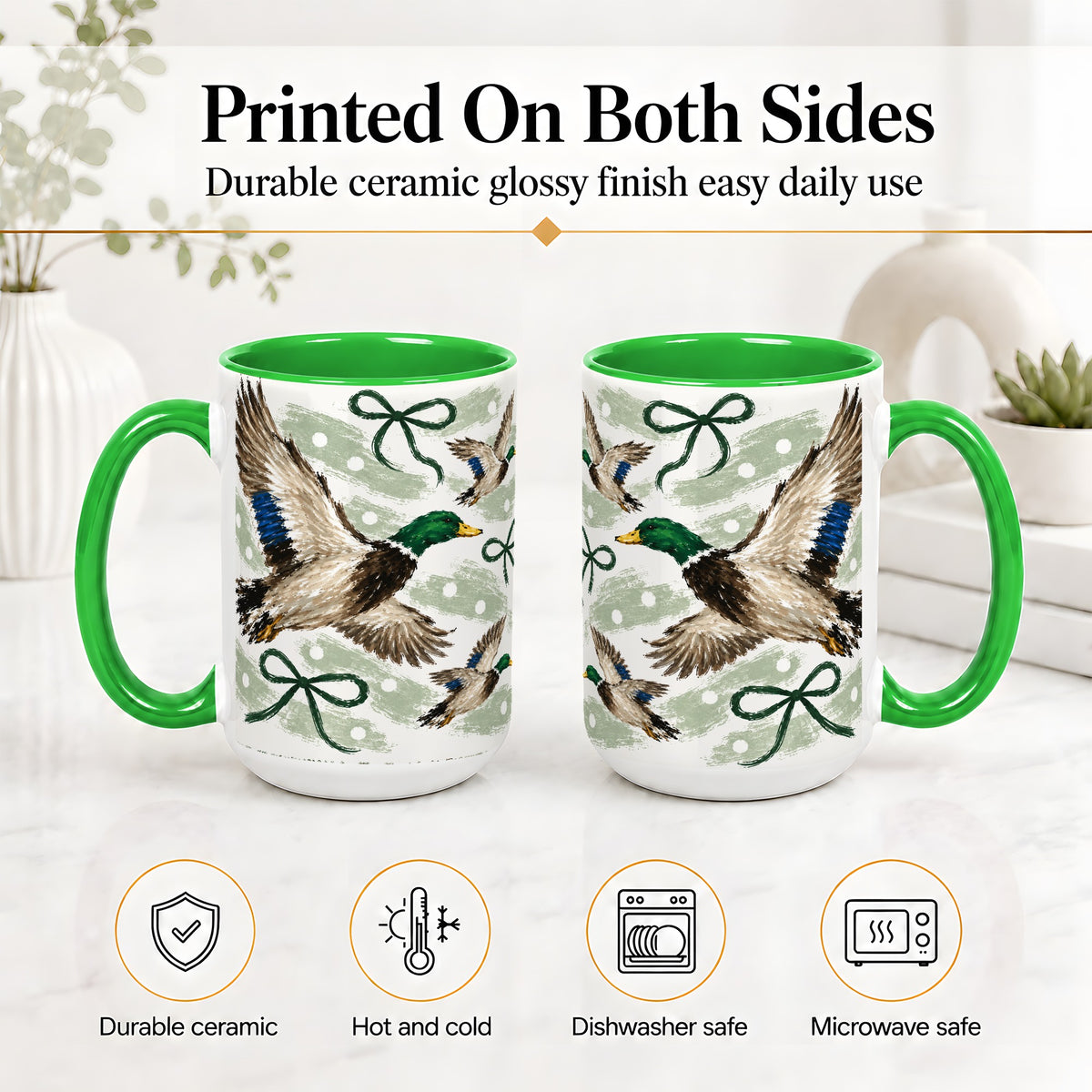 #pl[15oz|Green] Mallard Duck Ceramic Mug, Flying Waterfowl Green Bow Artwork