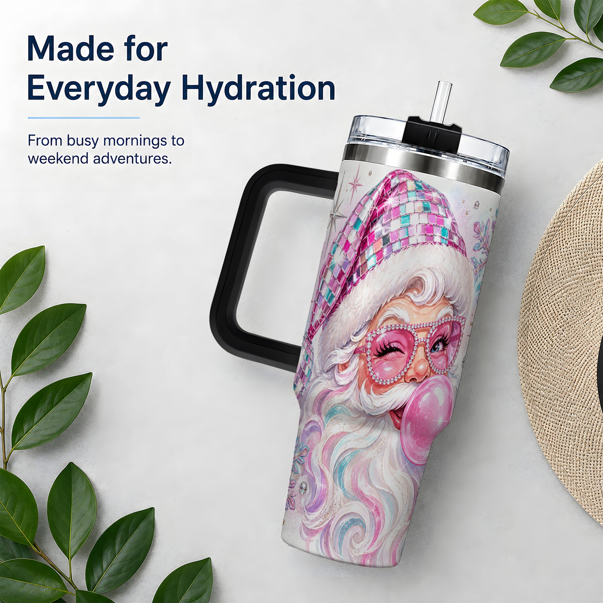#pl[40oz|Black] Pink Santa 40oz Stainless Steel Tumbler, Bubblegum Holiday Artwork