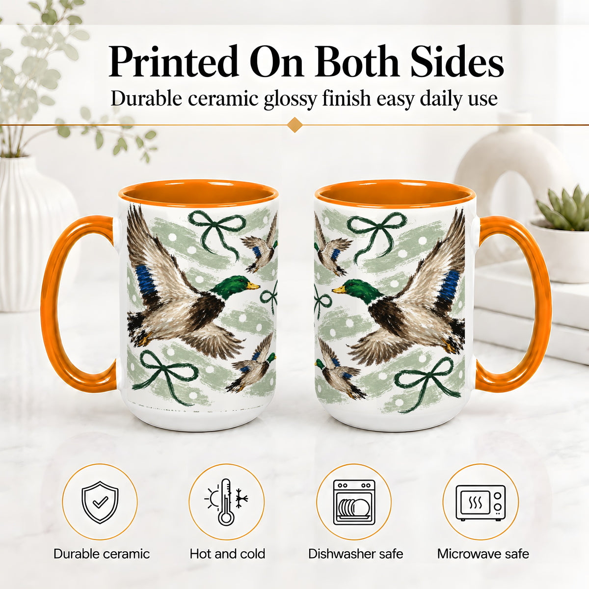 #pl[15oz|Orange] Mallard Duck Ceramic Mug, Flying Waterfowl Green Bow Artwork