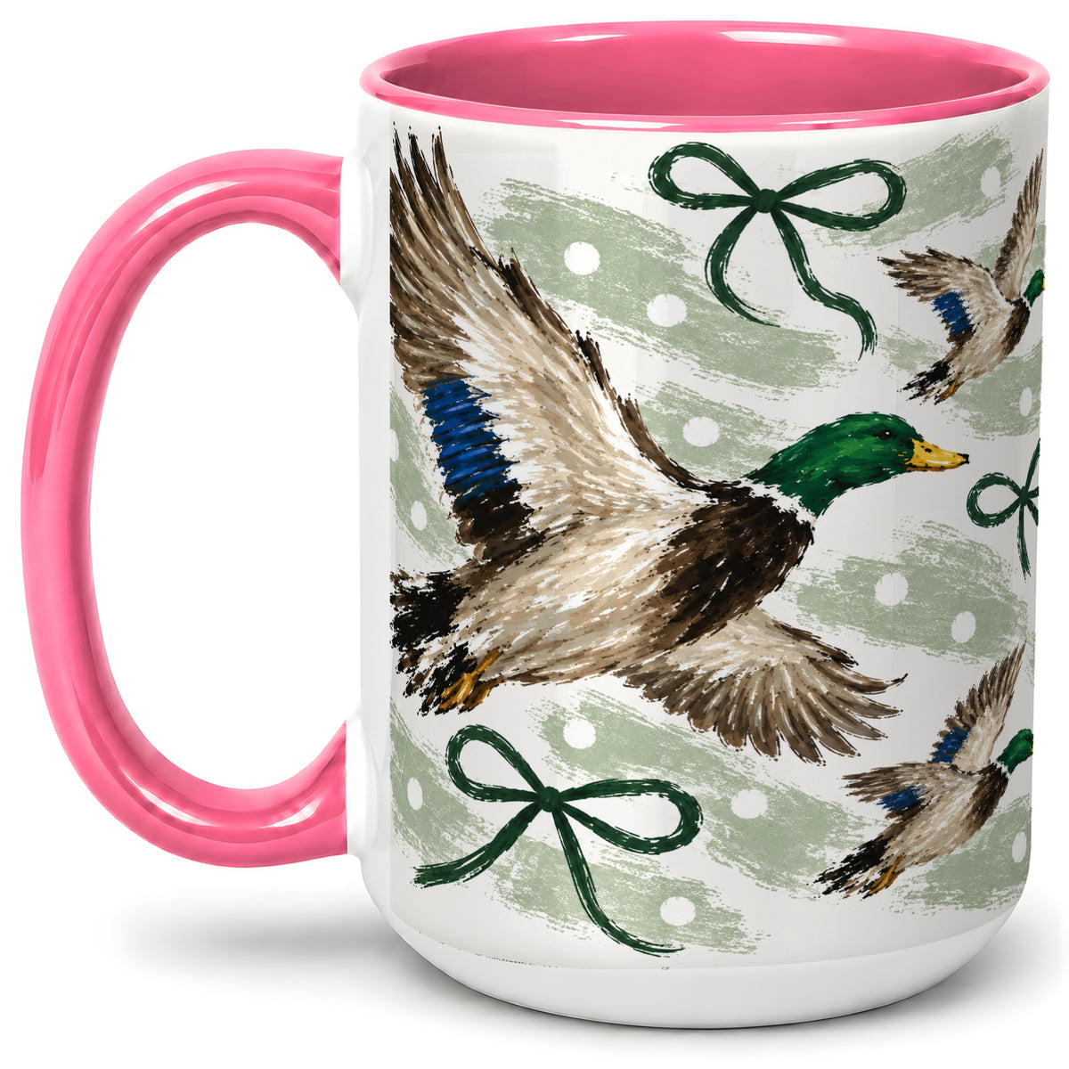 #pl[15oz|Pink] Mallard Duck Ceramic Mug, Flying Waterfowl Green Bow Artwork
