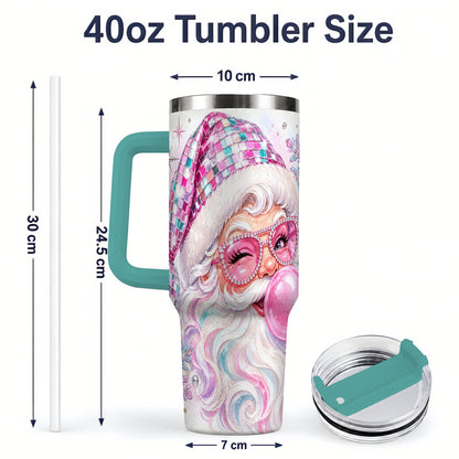 #pl[40oz|Green] Pink Santa 40oz Stainless Steel Tumbler, Bubblegum Holiday Artwork