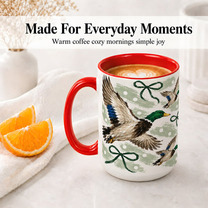 #pl[15oz|Red] Mallard Duck Ceramic Mug, Flying Waterfowl Green Bow Artwork