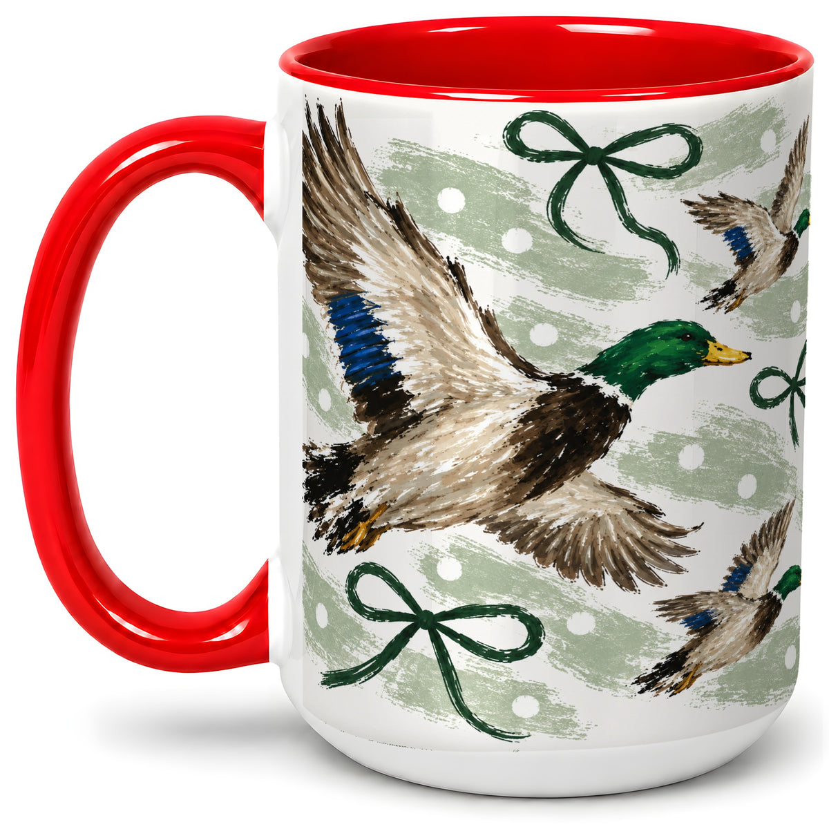 #pl[15oz|Red] Mallard Duck Ceramic Mug, Flying Waterfowl Green Bow Artwork