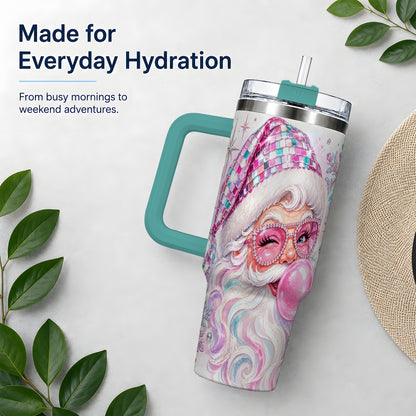 #pl[40oz|Green] Pink Santa 40oz Stainless Steel Tumbler, Bubblegum Holiday Artwork