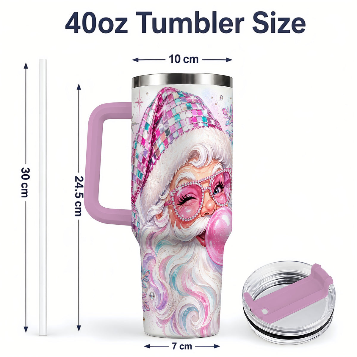 #pl[40oz|Pink] Pink Santa 40oz Stainless Steel Tumbler, Bubblegum Holiday Artwork