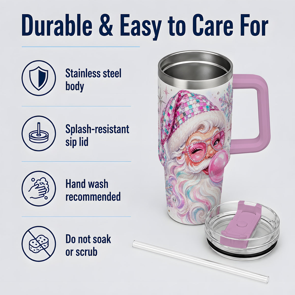 #pl[40oz|Pink] Pink Santa 40oz Stainless Steel Tumbler, Bubblegum Holiday Artwork
