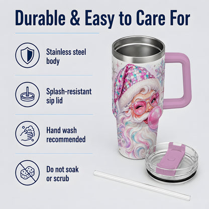 #pl[40oz|Pink] Pink Santa 40oz Stainless Steel Tumbler, Bubblegum Holiday Artwork