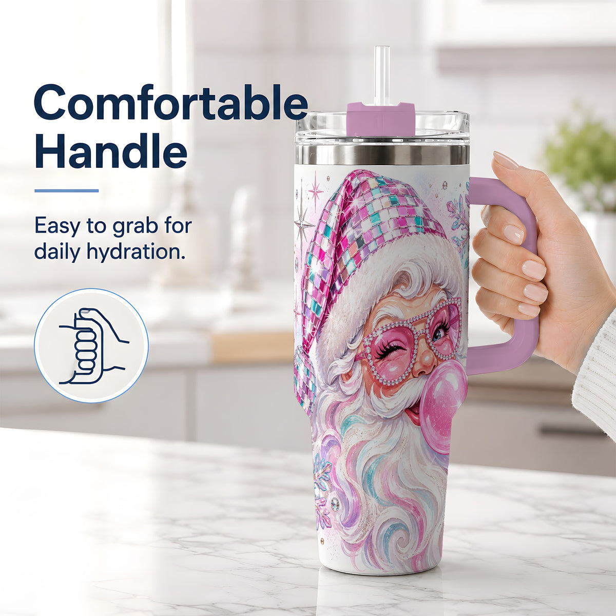 #pl[40oz|Pink] Pink Santa 40oz Stainless Steel Tumbler, Bubblegum Holiday Artwork