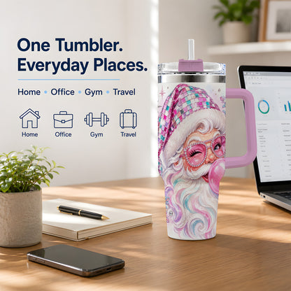#pl[40oz|Pink] Pink Santa 40oz Stainless Steel Tumbler, Bubblegum Holiday Artwork