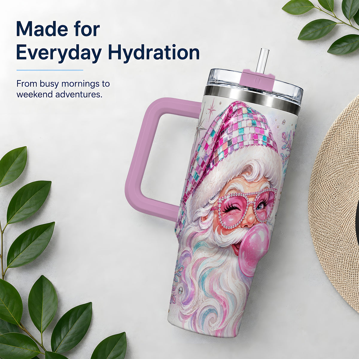 #pl[40oz|Pink] Pink Santa 40oz Stainless Steel Tumbler, Bubblegum Holiday Artwork