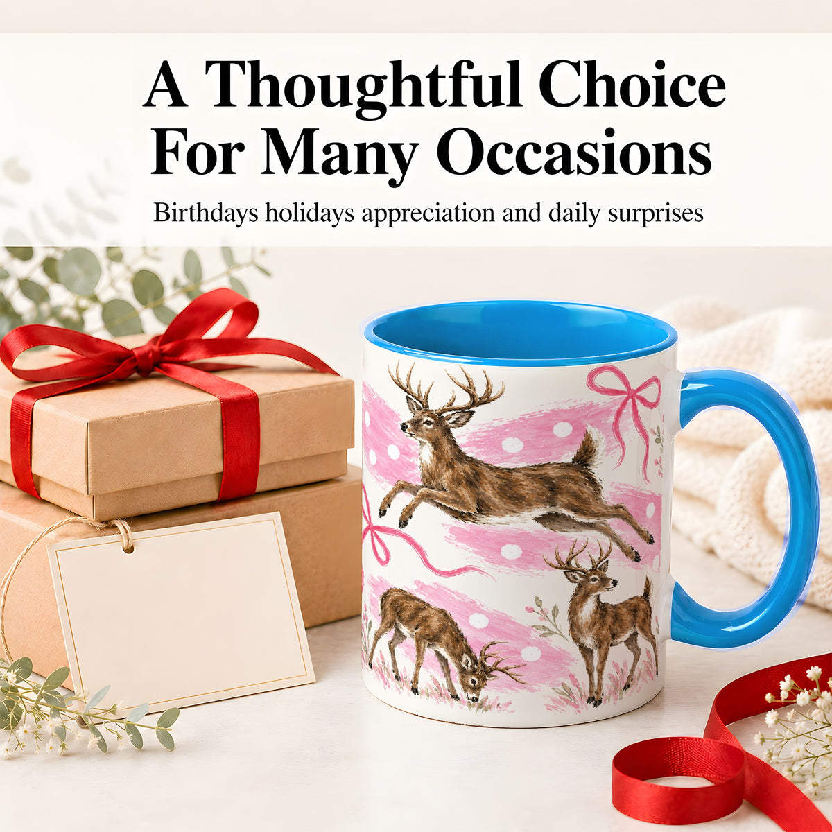 #pl[11oz|Blue] Pink Whitetail Deer Ceramic Mug, Bow Woodland Animal Artwork