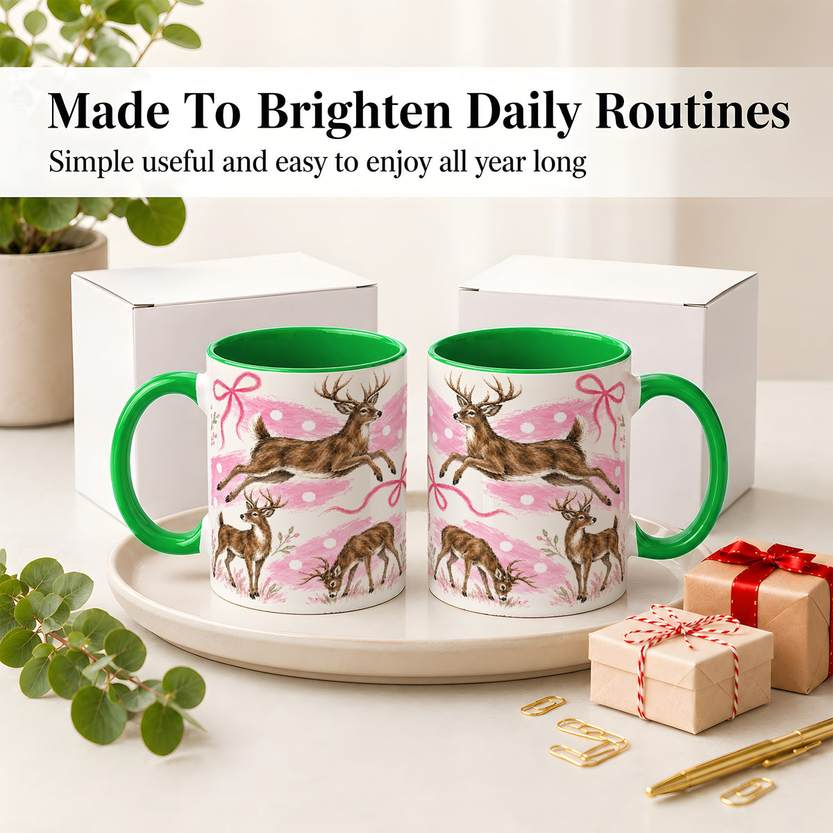 #pl[11oz|Green] Pink Whitetail Deer Ceramic Mug, Bow Woodland Animal Artwork