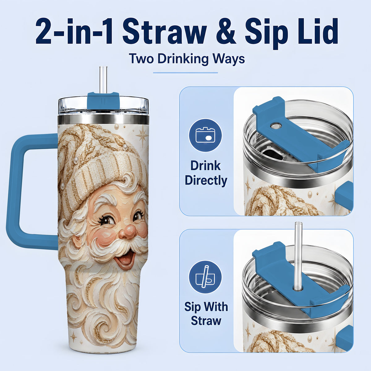 #pl[40oz|Blue] Golden Santa 40oz Stainless Steel Tumbler, Gold Snowflake Artwork