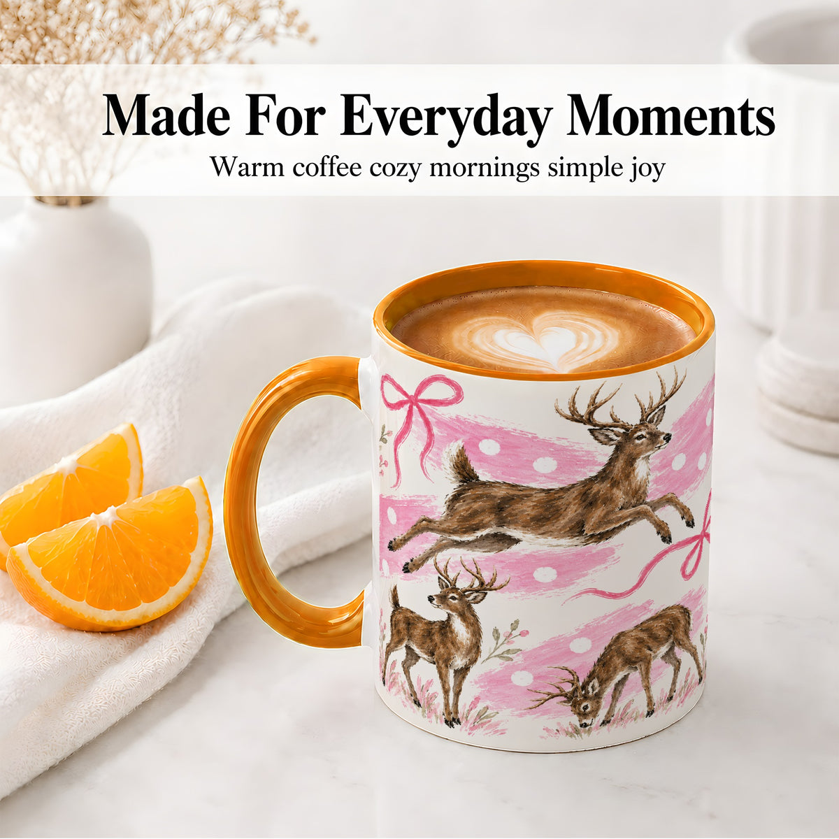 #pl[11oz|Orange] Pink Whitetail Deer Ceramic Mug, Bow Woodland Animal Artwork
