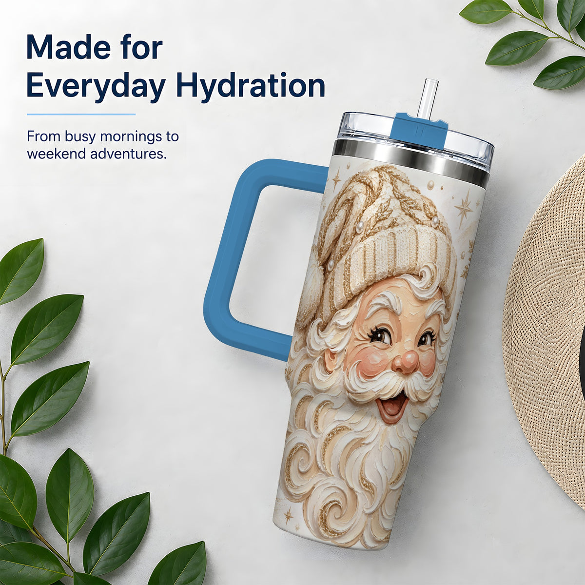#pl[40oz|Blue] Golden Santa 40oz Stainless Steel Tumbler, Gold Snowflake Artwork