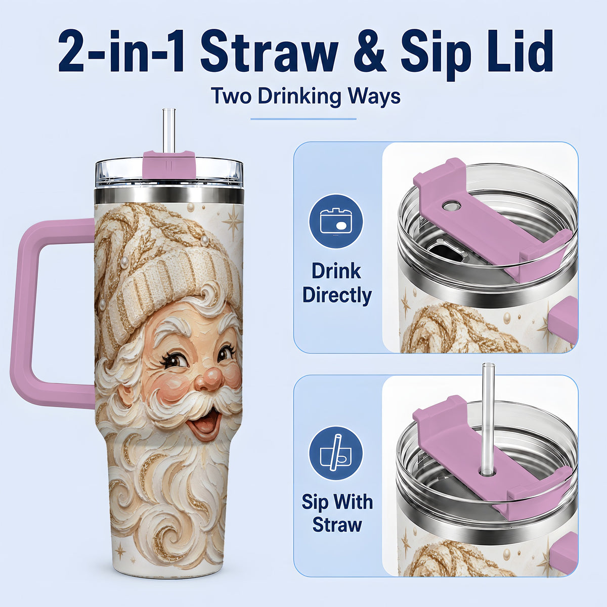 #pl[40oz|Pink] Golden Santa 40oz Stainless Steel Tumbler, Gold Snowflake Artwork