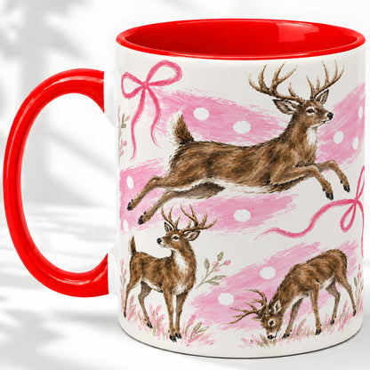 Pink Whitetail Deer Ceramic Mug, Bow Woodland Animal Artwork