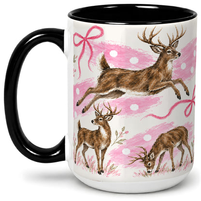 #pl[15oz|Black] Pink Whitetail Deer Ceramic Mug, Bow Woodland Animal Artwork