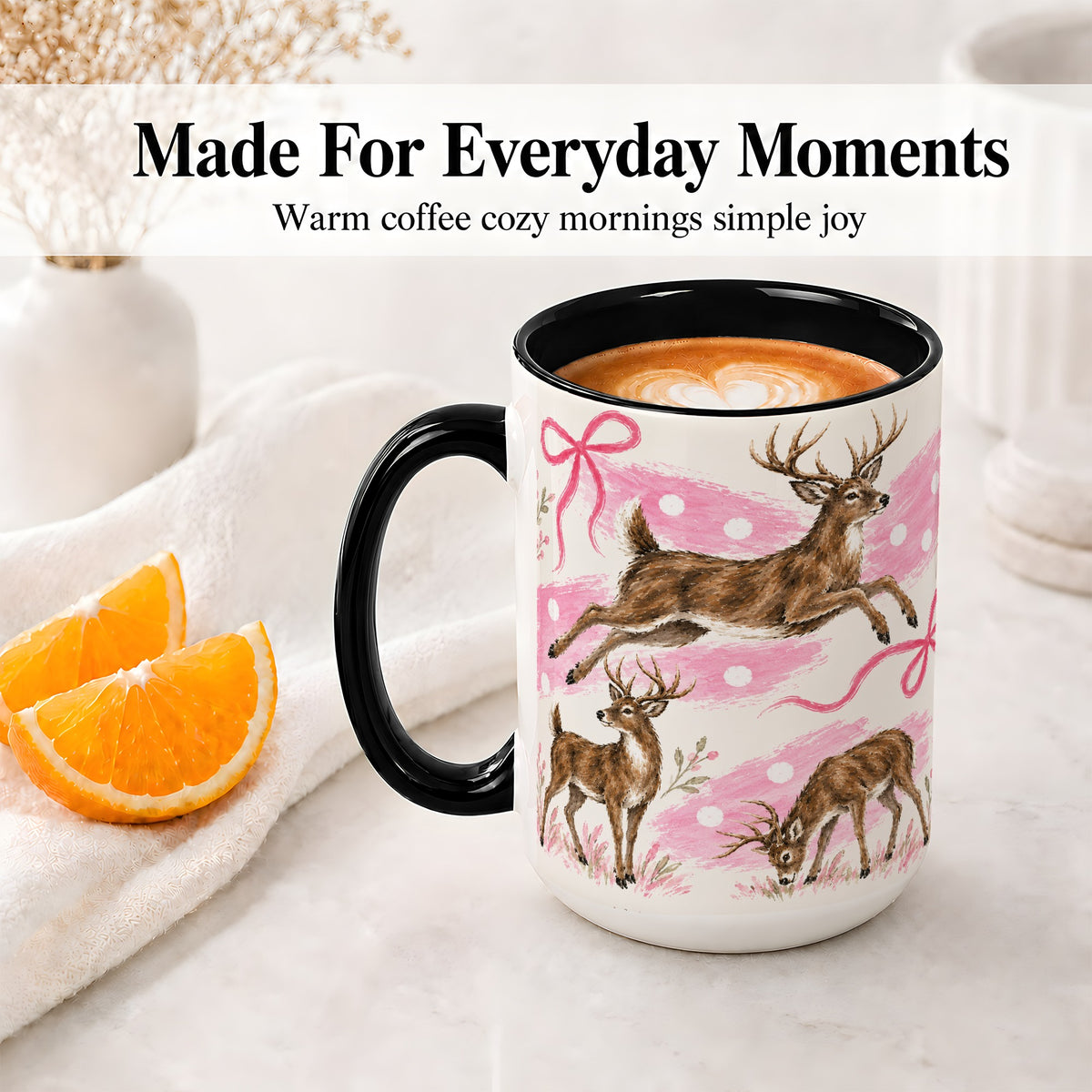 #pl[15oz|Black] Pink Whitetail Deer Ceramic Mug, Bow Woodland Animal Artwork