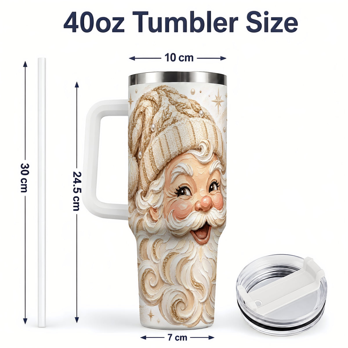 #pl[40oz|White] Golden Santa 40oz Stainless Steel Tumbler, Gold Snowflake Artwork