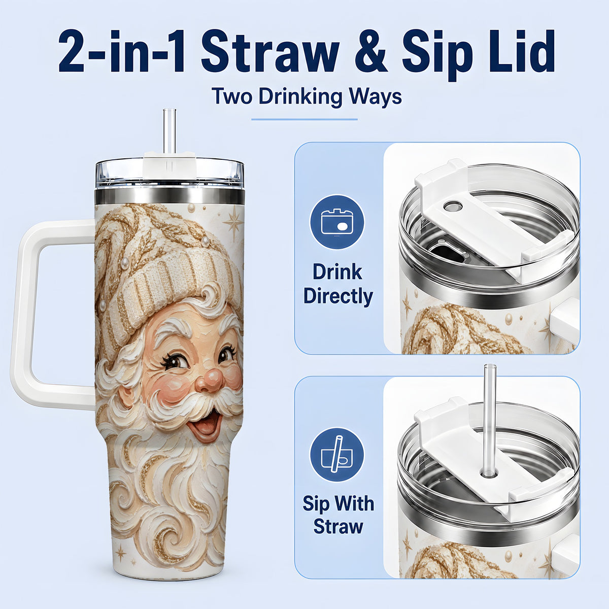 #pl[40oz|White] Golden Santa 40oz Stainless Steel Tumbler, Gold Snowflake Artwork