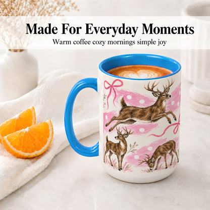 #pl[15oz|Blue] Pink Whitetail Deer Ceramic Mug, Bow Woodland Animal Artwork