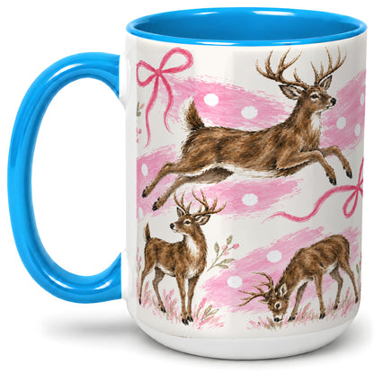 #pl[15oz|Blue] Pink Whitetail Deer Ceramic Mug, Bow Woodland Animal Artwork