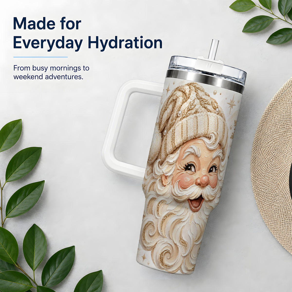 #pl[40oz|White] Golden Santa 40oz Stainless Steel Tumbler, Gold Snowflake Artwork